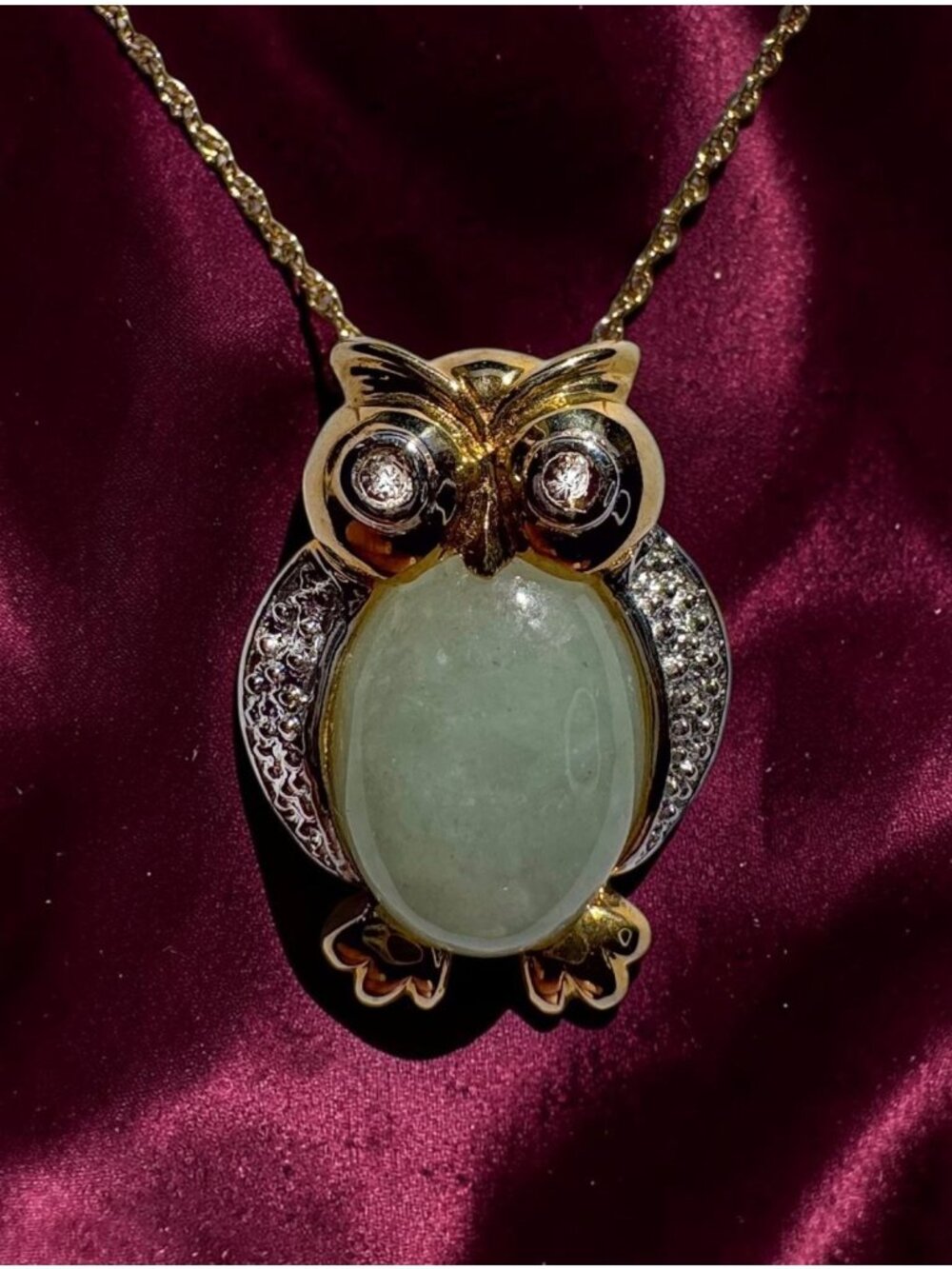 ESTATE- 10K Gold Natural Jadeite Jade Diamond Owl Necklace 18" Jade Pendant 2.4g
